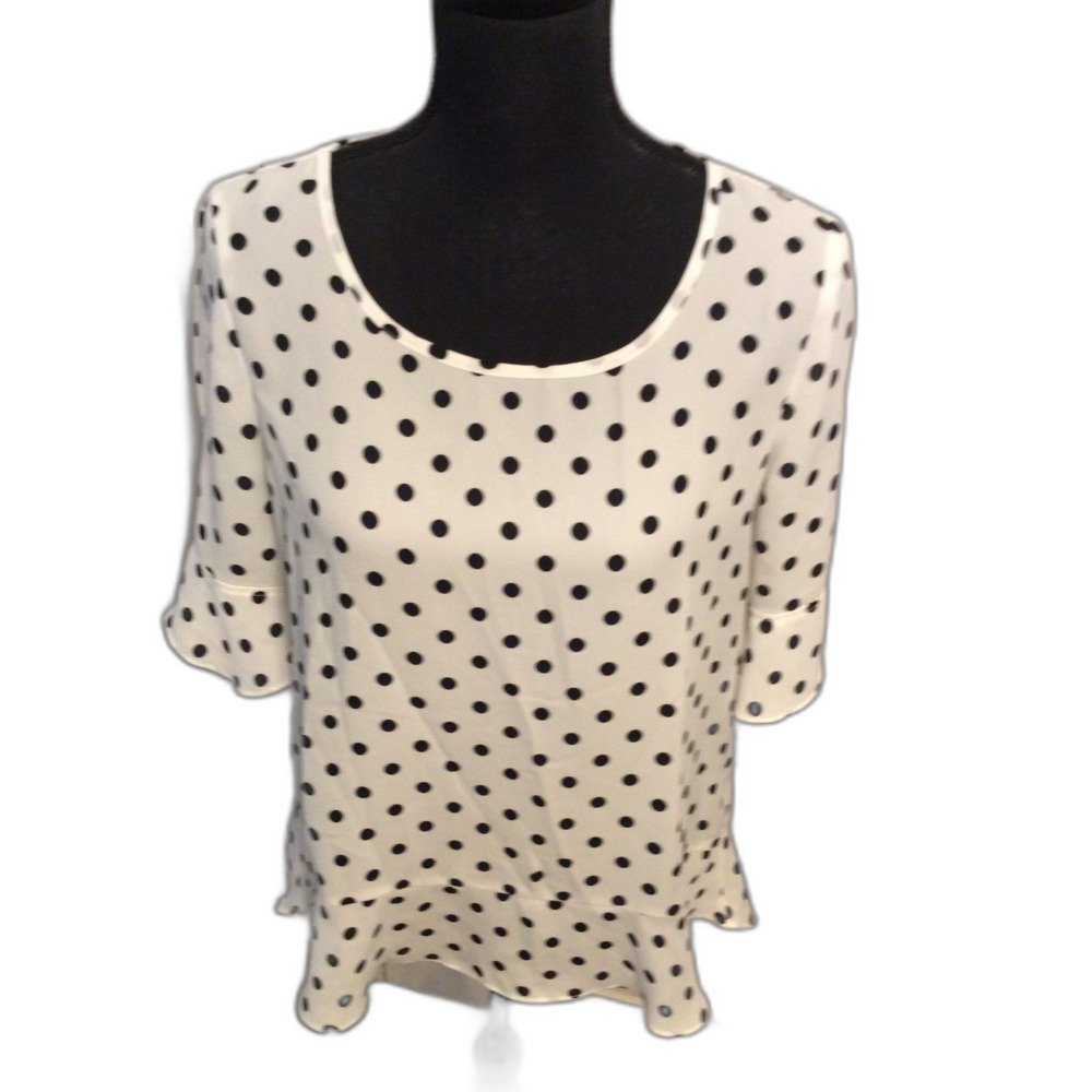 Small White Black Polka Dot Sheer Top Sioni Open Sleeves Tiered